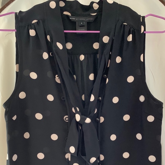 Marc by Marc Jacobs Black Silk Necktie Blouse with Cream Polkadots Size 4 - Picture 1 of 4